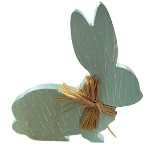 Easter Bunny Tabletop Decor OS Blue NWT Wood Rustic Raffia
